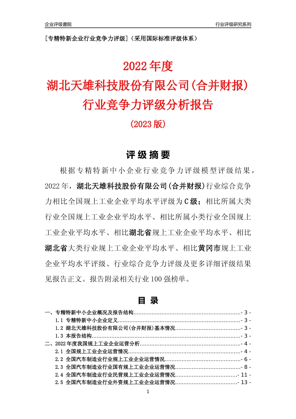 [专精特新]湖北天雄科技股份有限公司(合并财报)行业竞争力评级分析报告(2023版)_第1页