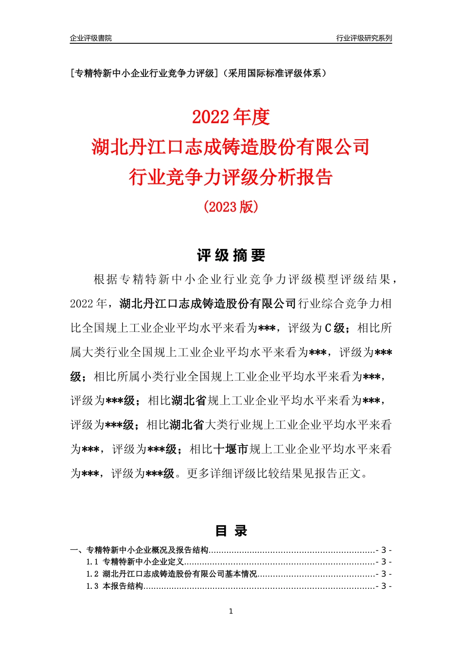[专精特新]湖北丹江口志成铸造股份有限公司行业竞争力评级分析报告(2023版)_第1页
