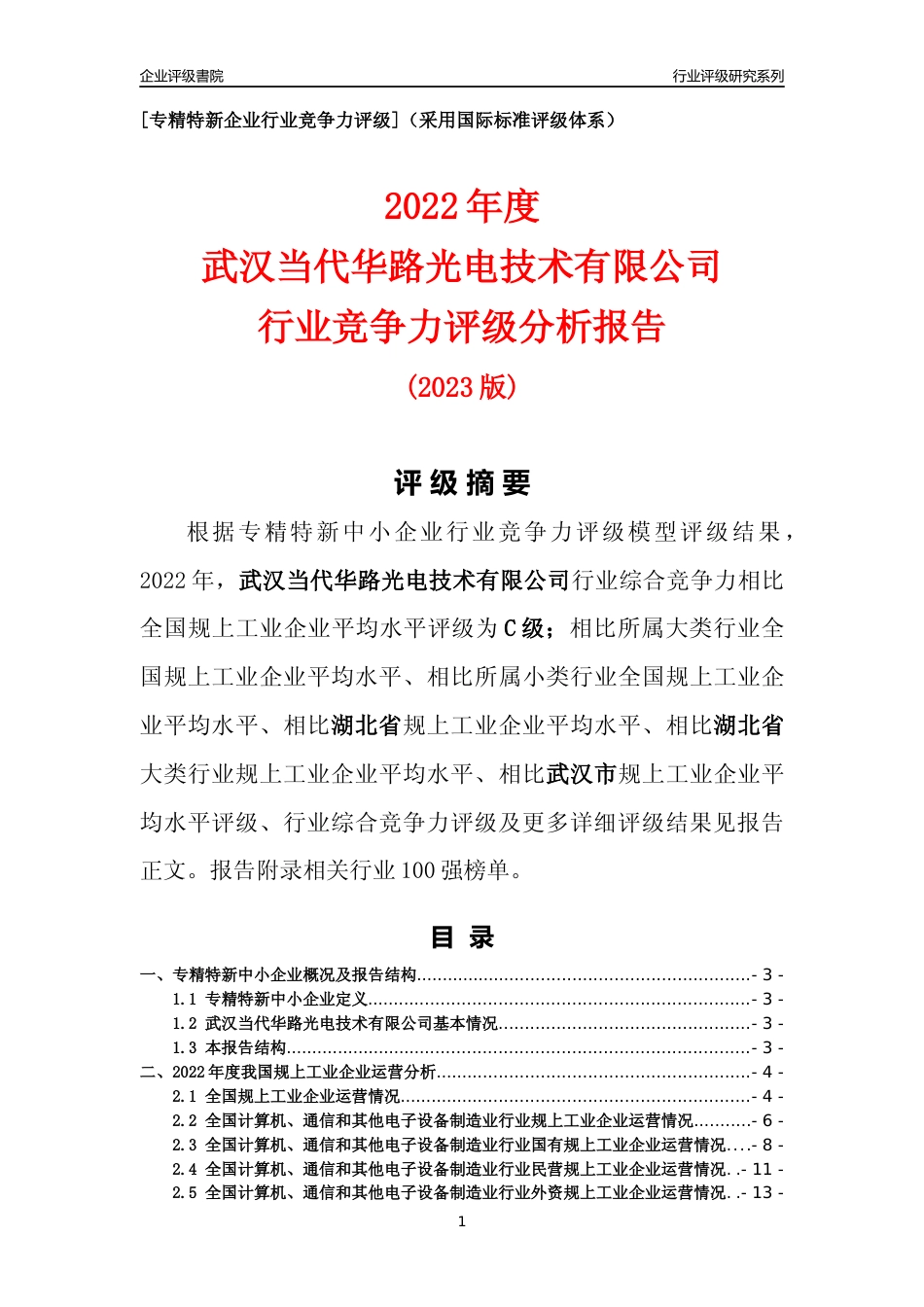 [专精特新]武汉当代华路光电技术有限公司行业竞争力评级分析报告(2023版)_第1页