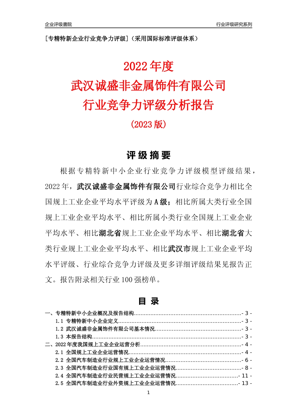 [专精特新]武汉诚盛非金属饰件有限公司行业竞争力评级分析报告(2023版)_第1页