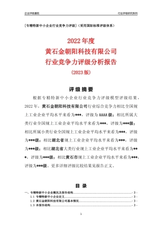 [专精特新]黄石金朝阳科技有限公司行业竞争力评级分析报告(2023版)