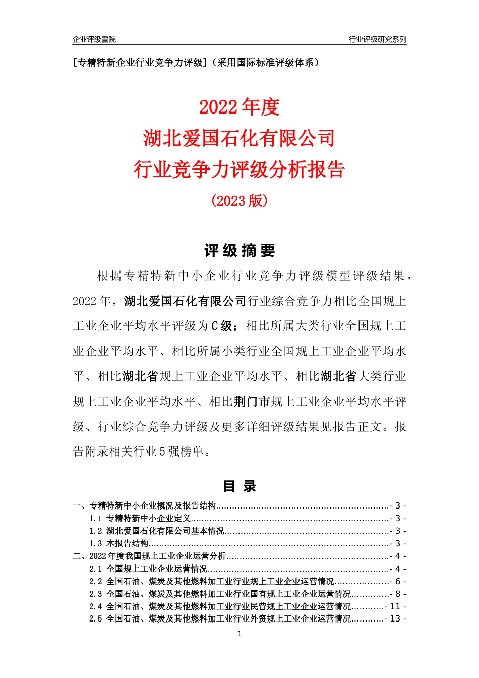 [专精特新]湖北爱国石化有限公司行业竞争力评级分析报告(2023版)_第1页