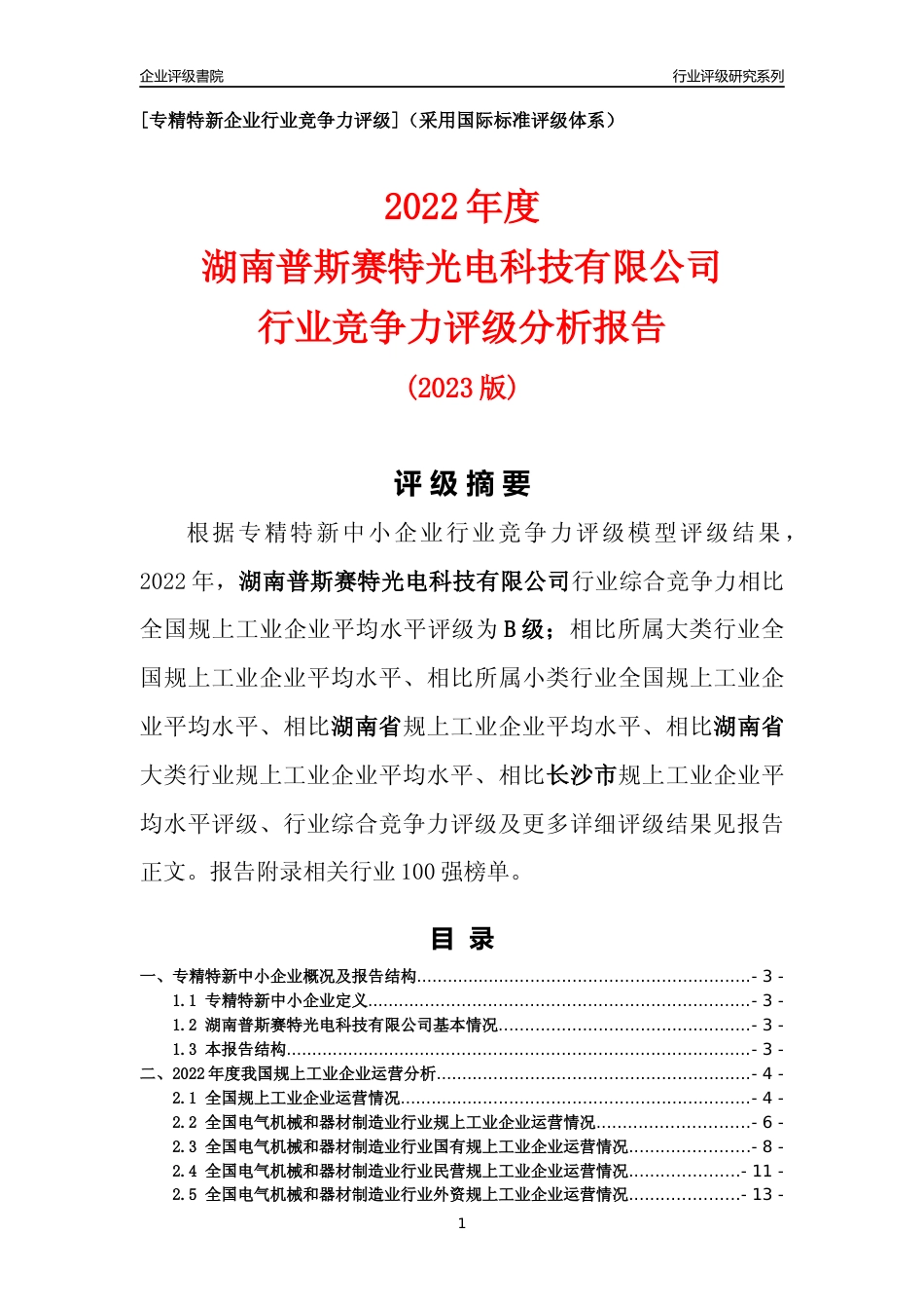 [专精特新]湖南普斯赛特光电科技有限公司行业竞争力评级分析报告(2023版)_第1页