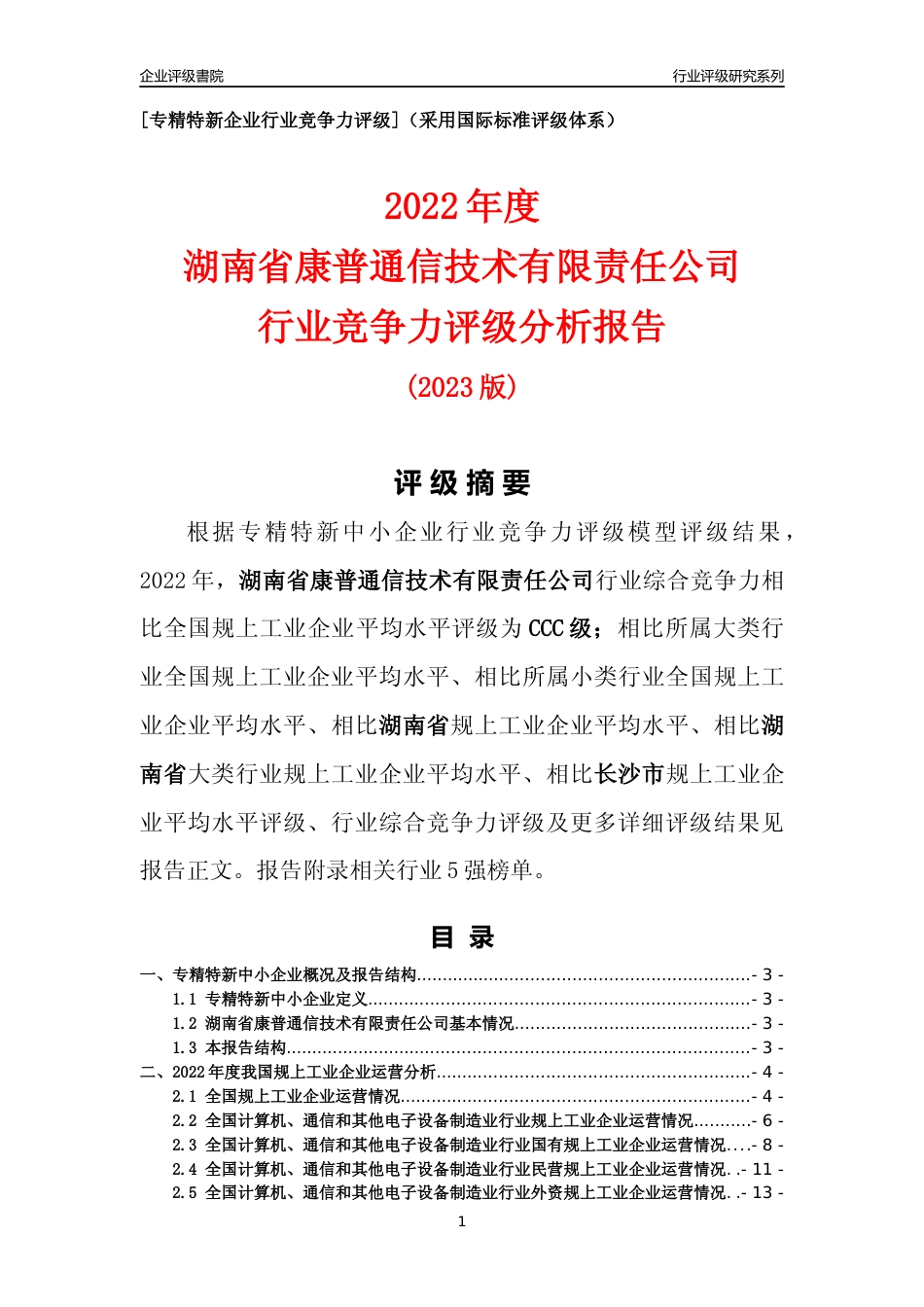 [专精特新]湖南省康普通信技术有限责任公司行业竞争力评级分析报告(2023版)_第1页