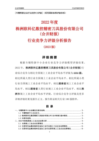 [专精特新]株洲欧科亿数控精密刀具股份有限公司(合并财报)行业竞争力评级分析报告(2023版)