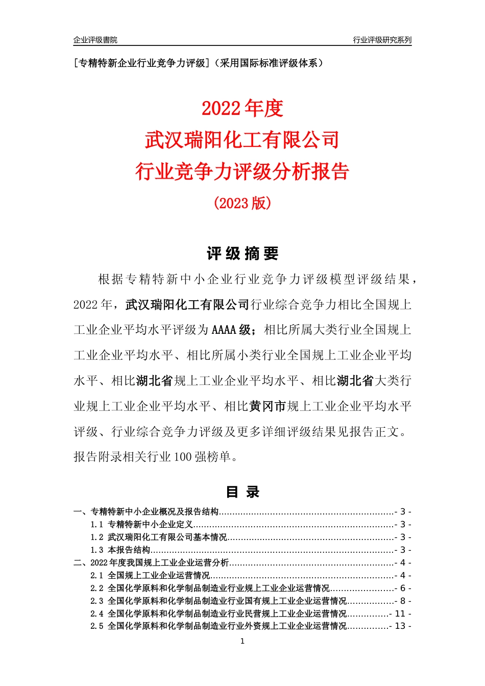 [专精特新]武汉瑞阳化工有限公司行业竞争力评级分析报告(2023版)_第1页