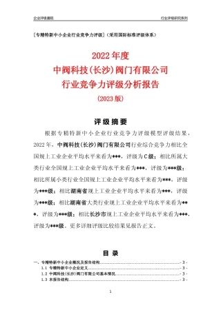 [专精特新]中阀科技(长沙)阀门有限公司行业竞争力评级分析报告(2023版)