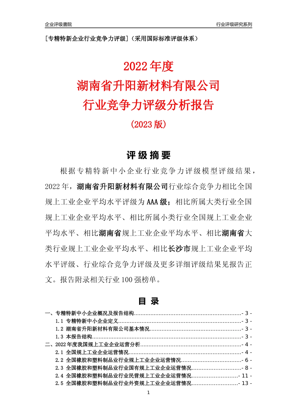 [专精特新]湖南省升阳新材料有限公司行业竞争力评级分析报告(2023版)_第1页