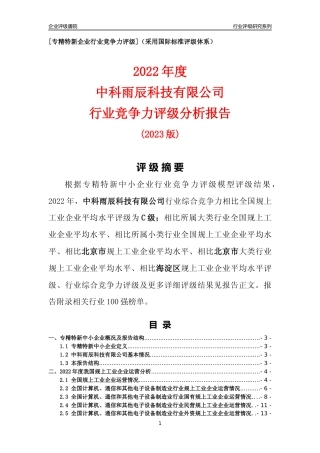 [专精特新]中科雨辰科技有限公司行业竞争力评级分析报告(2023版)