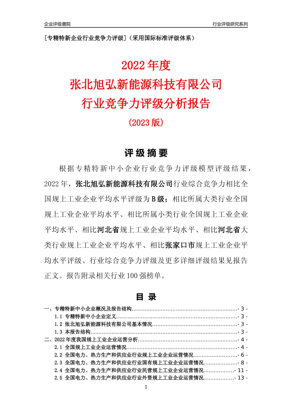 [专精特新]张北旭弘新能源科技有限公司行业竞争力评级分析报告(2023版)_第1页