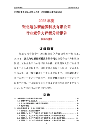 [专精特新]张北旭弘新能源科技有限公司行业竞争力评级分析报告(2023版)