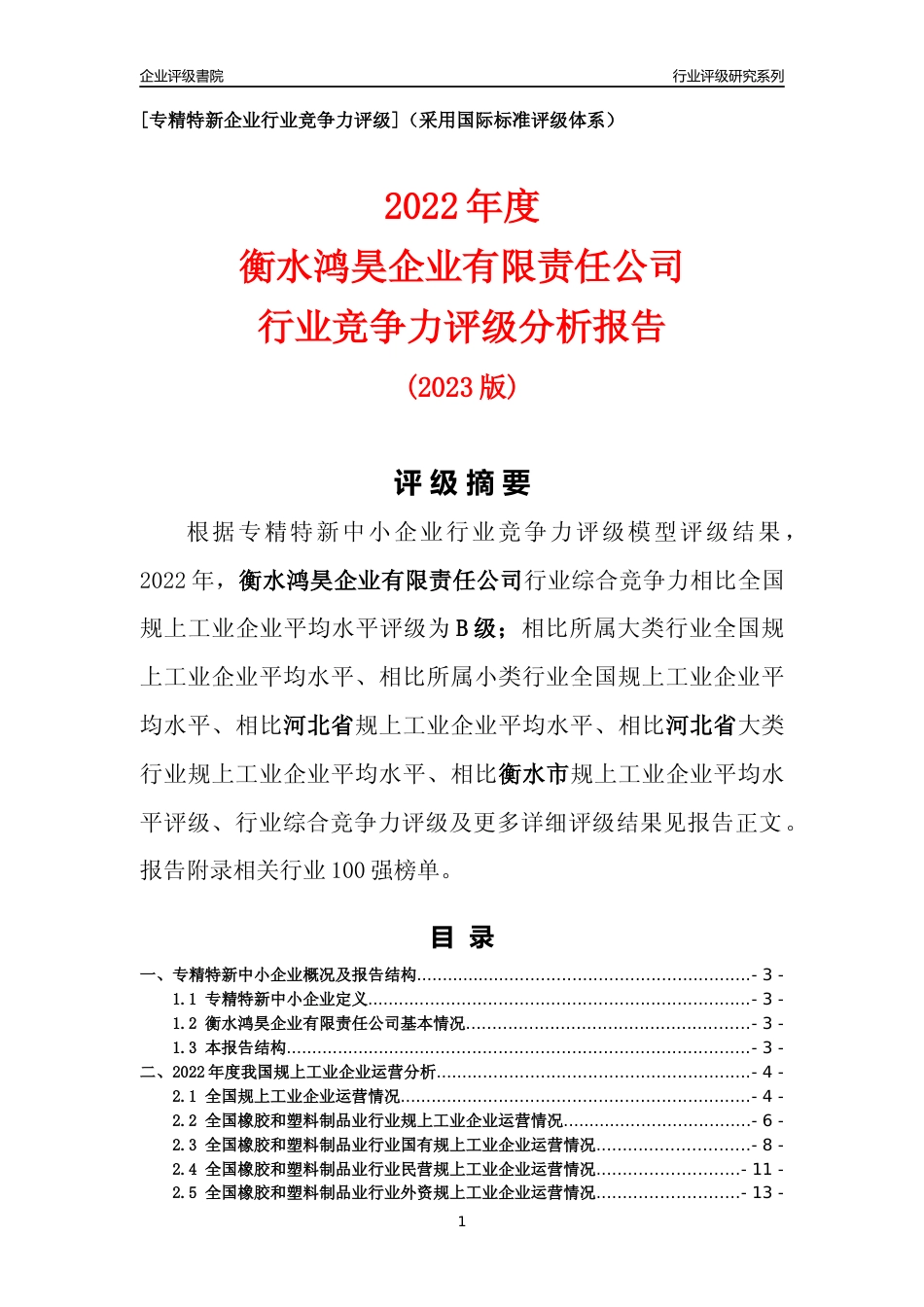 [专精特新]衡水鸿昊企业有限责任公司行业竞争力评级分析报告(2023版)_第1页