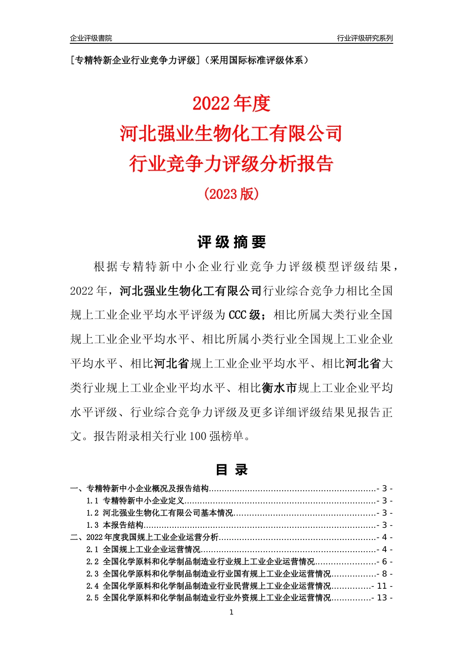 [专精特新]河北强业生物化工有限公司行业竞争力评级分析报告(2023版)_第1页