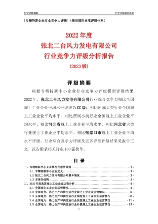 [专精特新]张北二台风力发电有限公司行业竞争力评级分析报告(2023版)