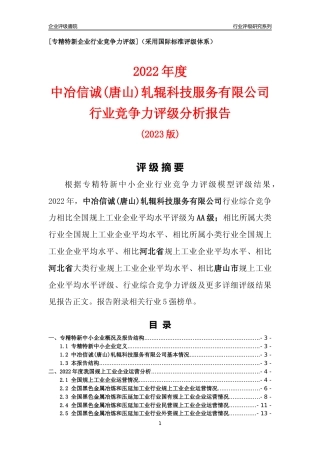 [专精特新]中冶信诚(唐山)轧辊科技服务有限公司行业竞争力评级分析报告(2023版)