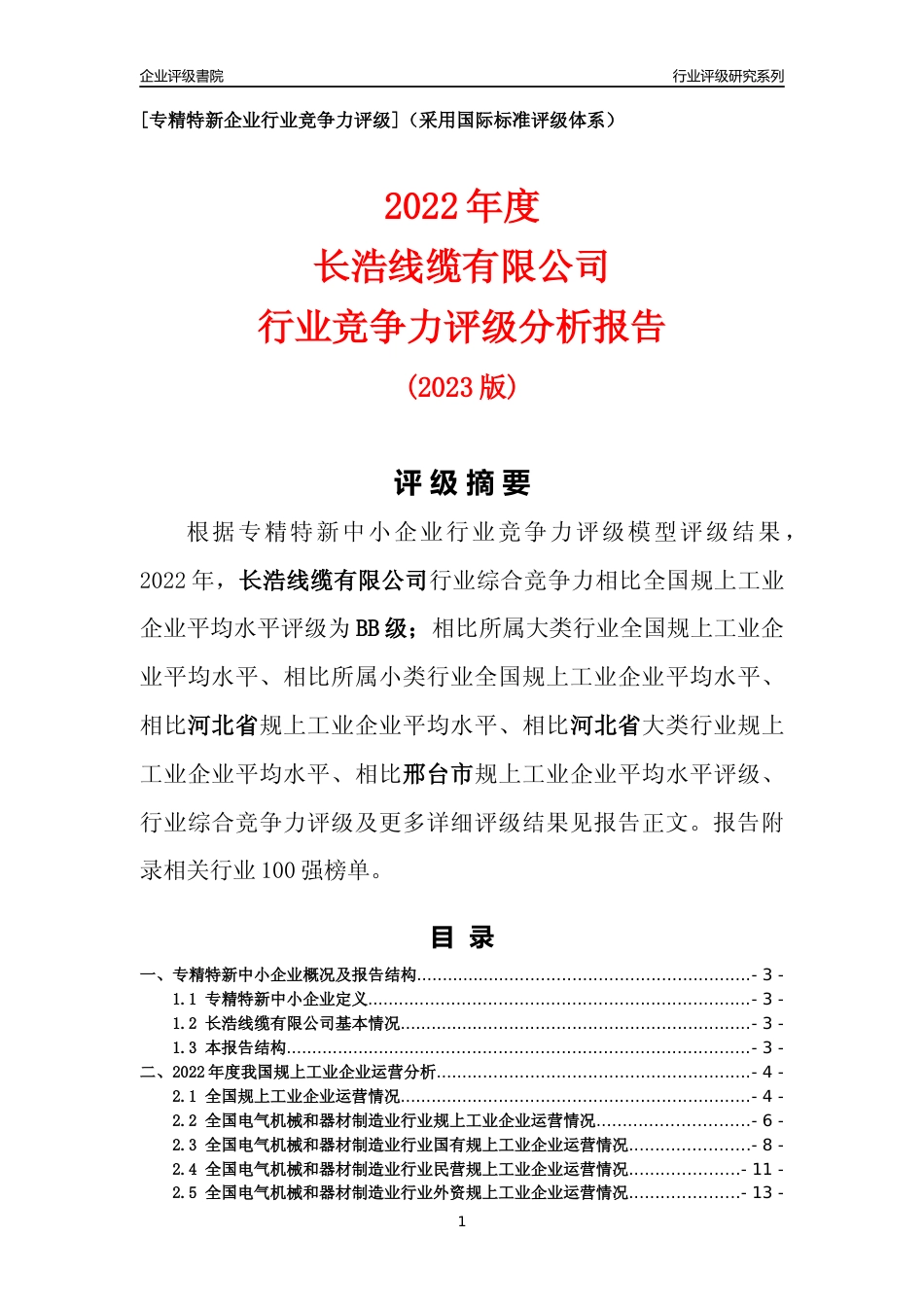 [专精特新]长浩线缆有限公司行业竞争力评级分析报告(2023版)_第1页