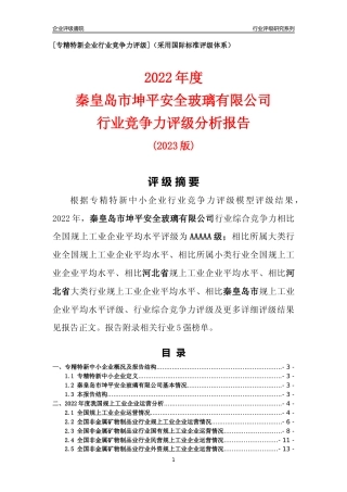 [专精特新]秦皇岛市坤平安全玻璃有限公司行业竞争力评级分析报告(2023版)