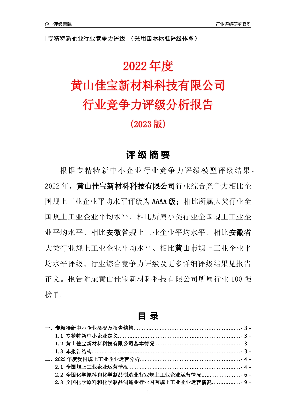 [专精特新]黄山佳宝新材料科技有限公司行业竞争力评级分析报告(2023版)_第1页