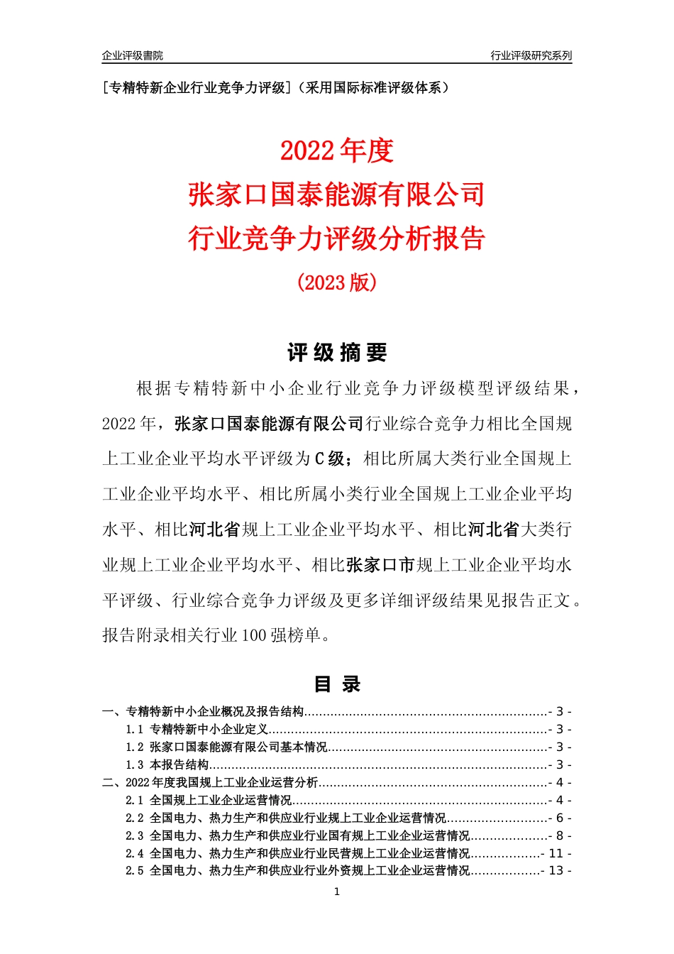 [专精特新]张家口国泰能源有限公司行业竞争力评级分析报告(2023版)_第1页