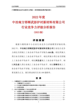 [专精特新]中冶南方邯郸武彭炉衬新材料有限公司行业竞争力评级分析报告(2023版)