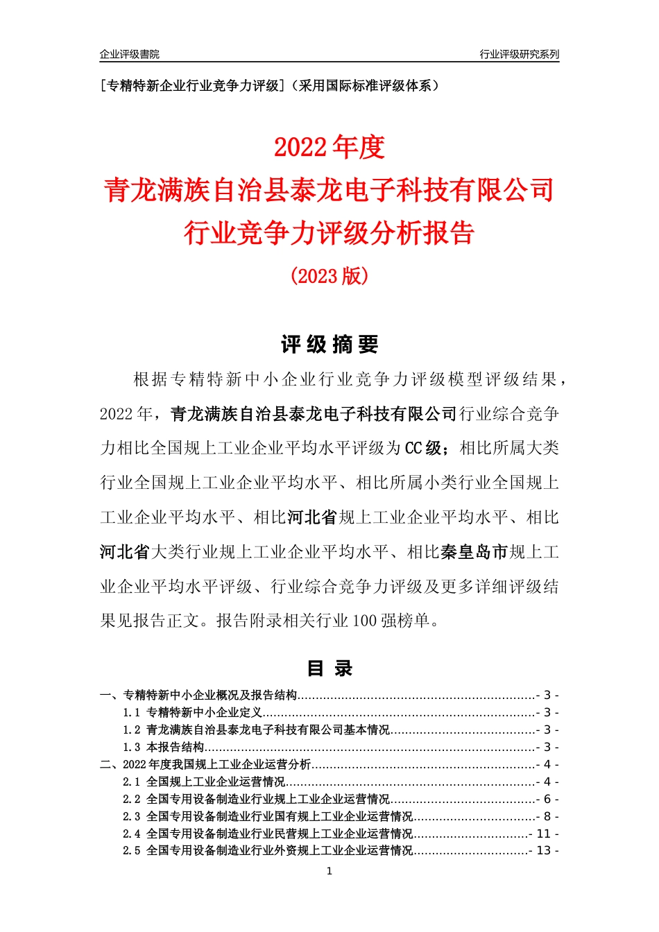 [专精特新]青龙满族自治县泰龙电子科技有限公司行业竞争力评级分析报告(2023版)_第1页