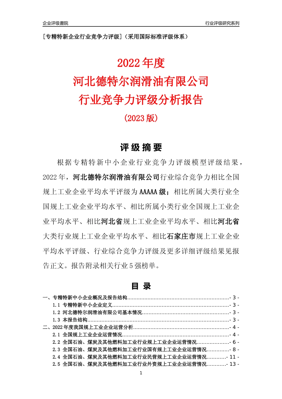 [专精特新]河北德特尔润滑油有限公司行业竞争力评级分析报告(2023版)_第1页