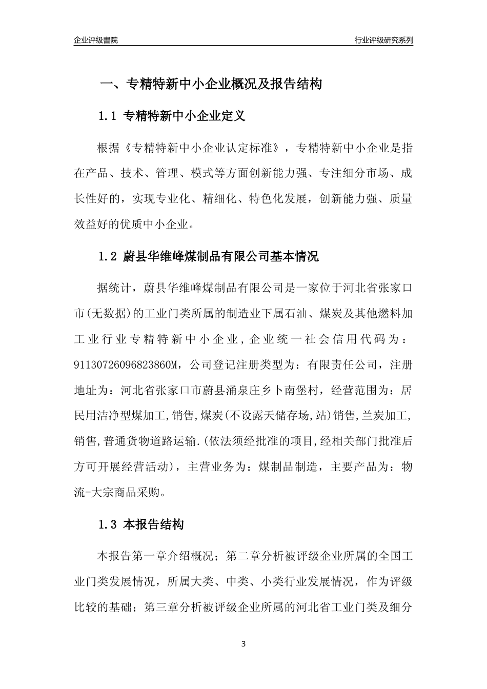 [专精特新]蔚县华维峰煤制品有限公司行业竞争力评级分析报告(2023版)_第3页
