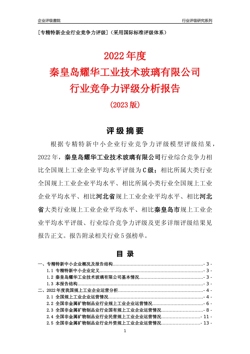 [专精特新]秦皇岛耀华工业技术玻璃有限公司行业竞争力评级分析报告(2023版)_第1页