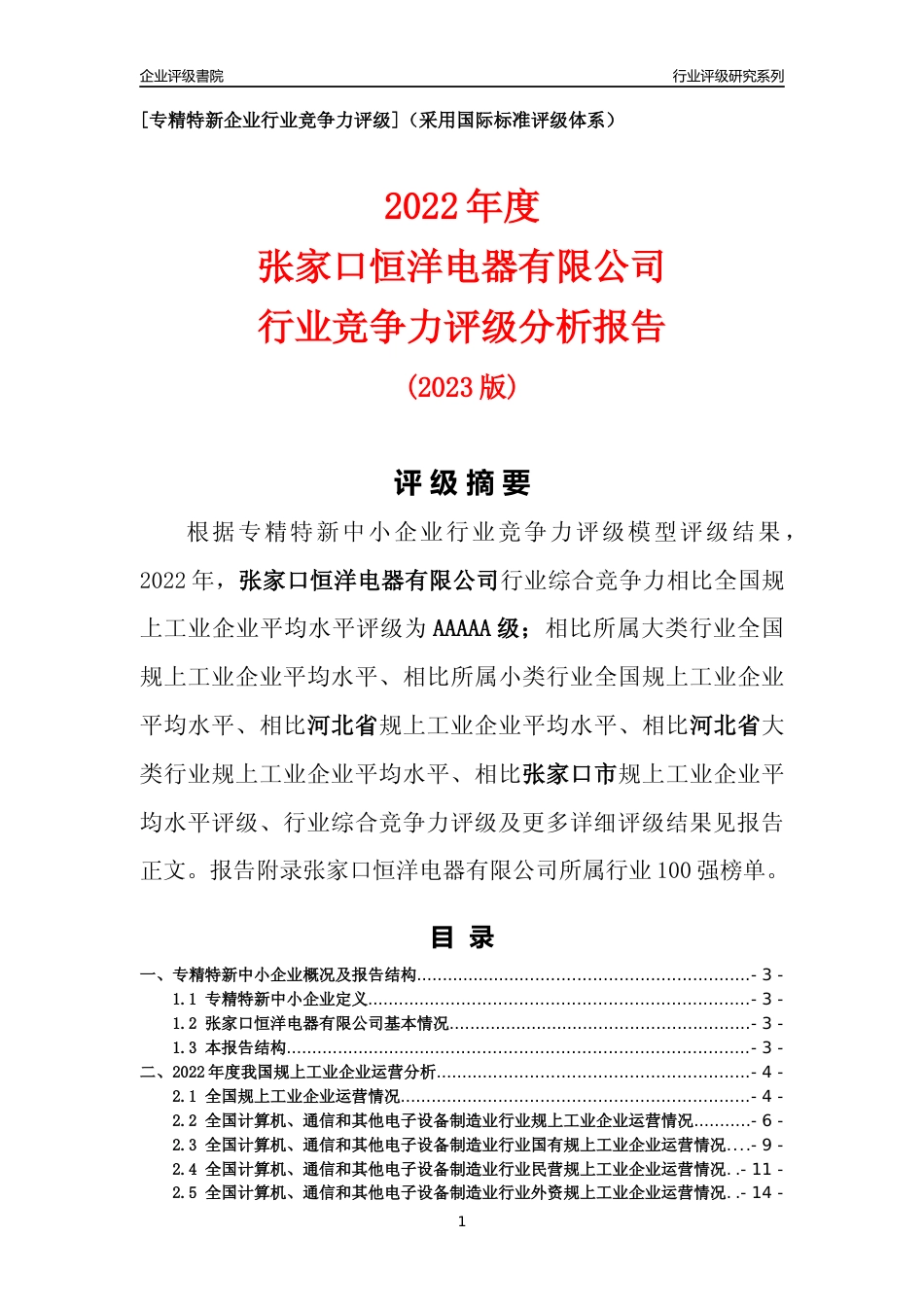 [专精特新]张家口恒洋电器有限公司行业竞争力评级分析报告(2023版)_第1页