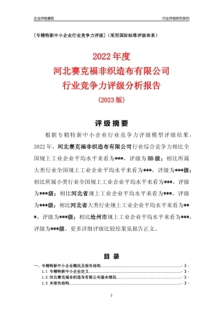 [专精特新]河北赛克福非织造布有限公司行业竞争力评级分析报告(2023版)