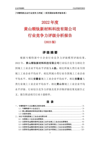 [专精特新]黄山顺钛新材料科技有限公司行业竞争力评级分析报告(2023版)