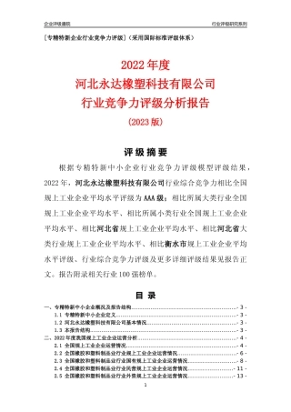 [专精特新]河北永达橡塑科技有限公司行业竞争力评级分析报告(2023版)