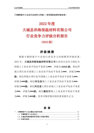[专精特新]大城县洪海保温材料有限公司行业竞争力评级分析报告(2023版)