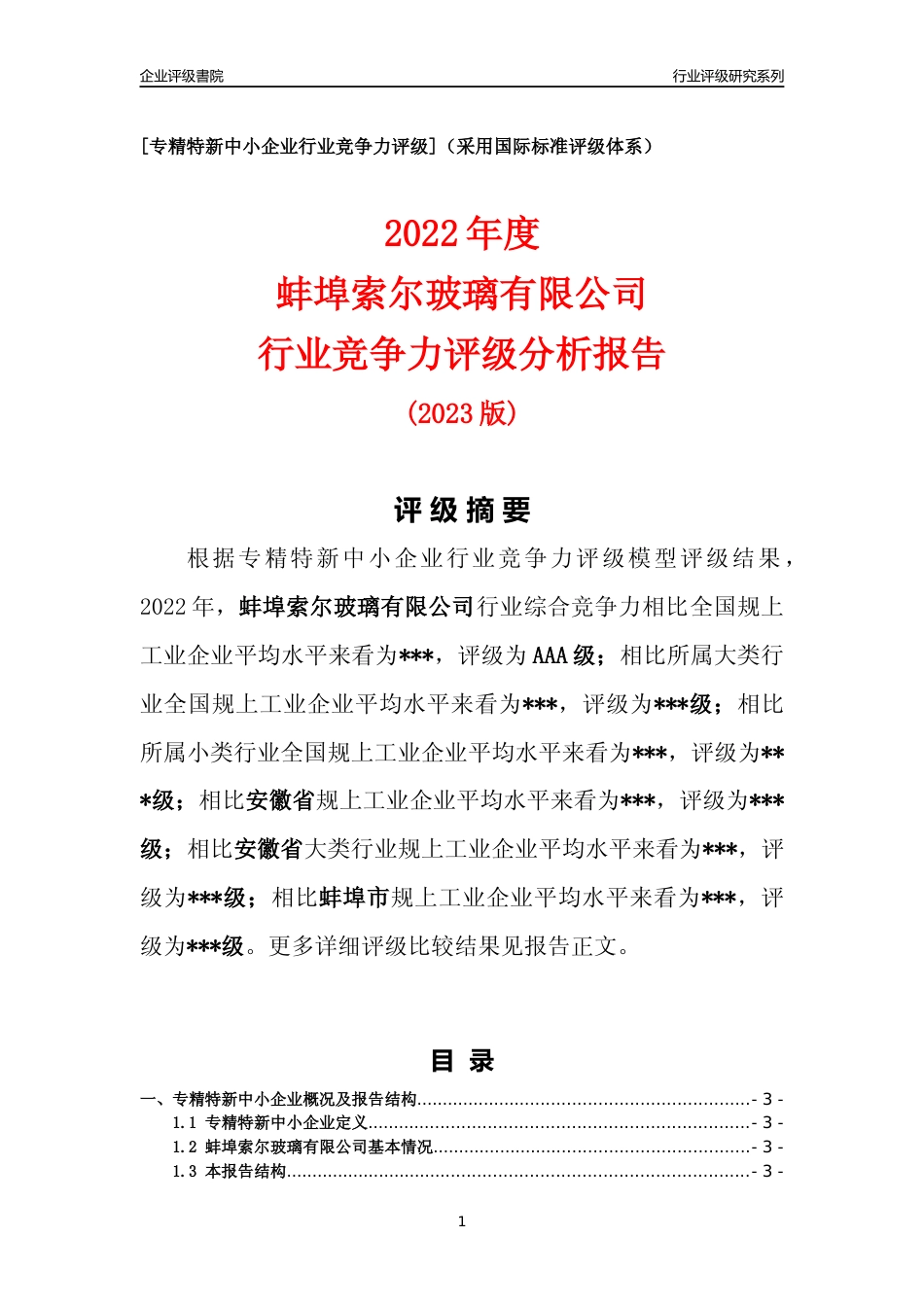 [专精特新]蚌埠索尔玻璃有限公司行业竞争力评级分析报告(2023版)_第1页