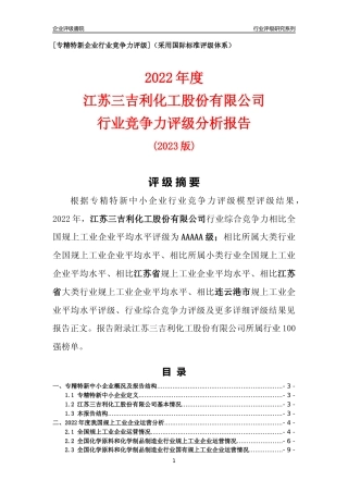 [专精特新]江苏三吉利化工股份有限公司行业竞争力评级分析报告(2023版)