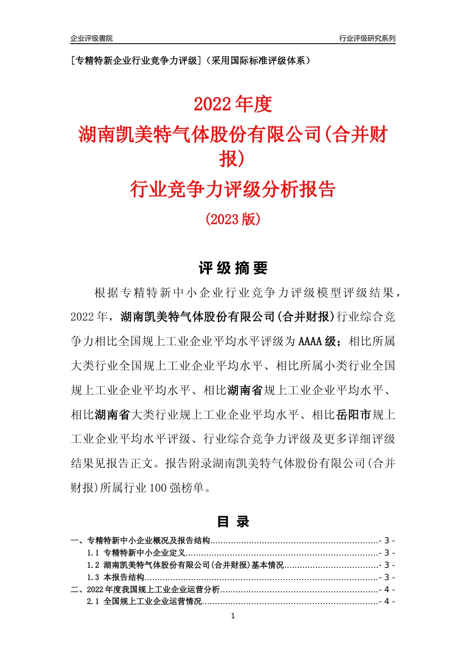 [专精特新]湖南凯美特气体股份有限公司(合并财报)行业竞争力评级分析报告(2023版)_第1页