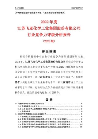 [专精特新]江苏飞亚化学工业集团股份有限公司行业竞争力评级分析报告(2023版)