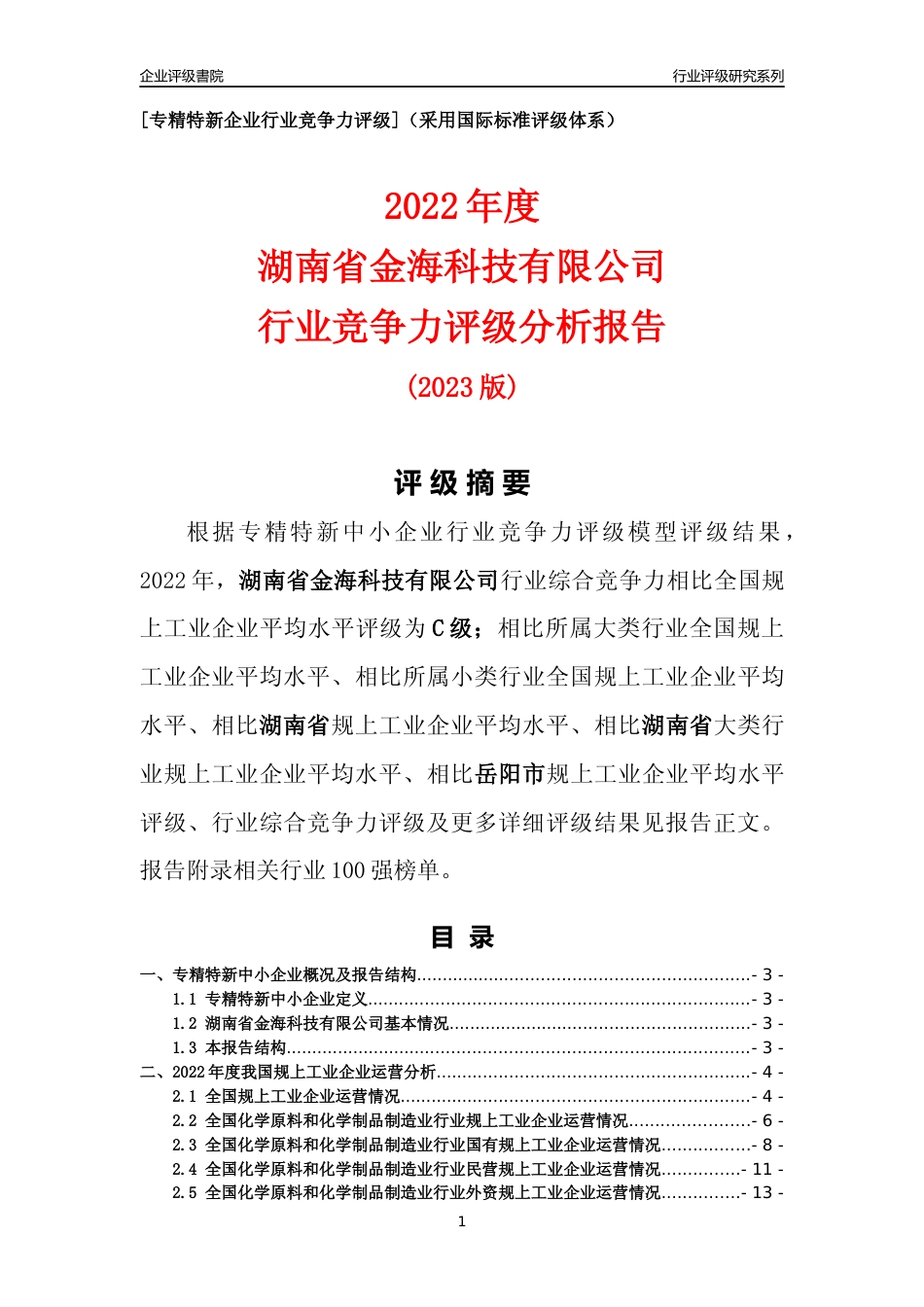 [专精特新]湖南省金海科技有限公司行业竞争力评级分析报告(2023版)_第1页