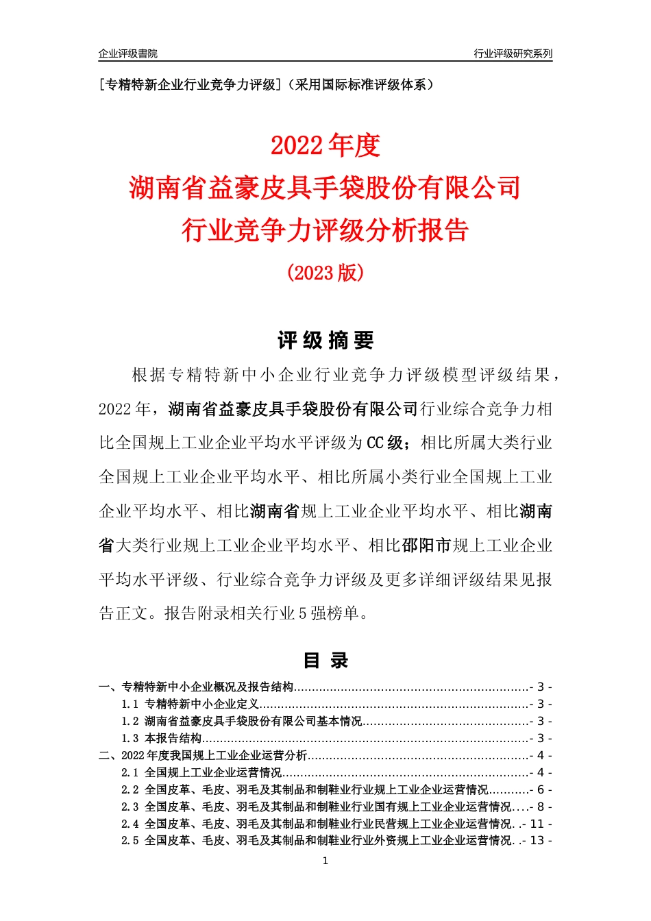 [专精特新]湖南省益豪皮具手袋股份有限公司行业竞争力评级分析报告(2023版)_第1页