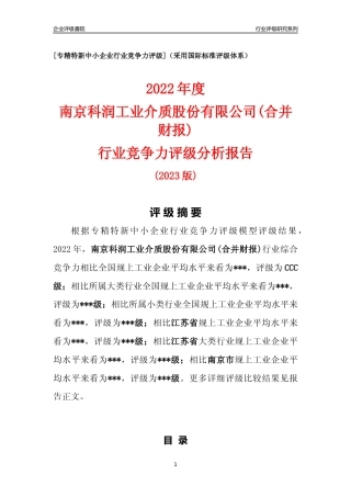 [专精特新]南京科润工业介质股份有限公司(合并财报)行业竞争力评级分析报告(2023版)