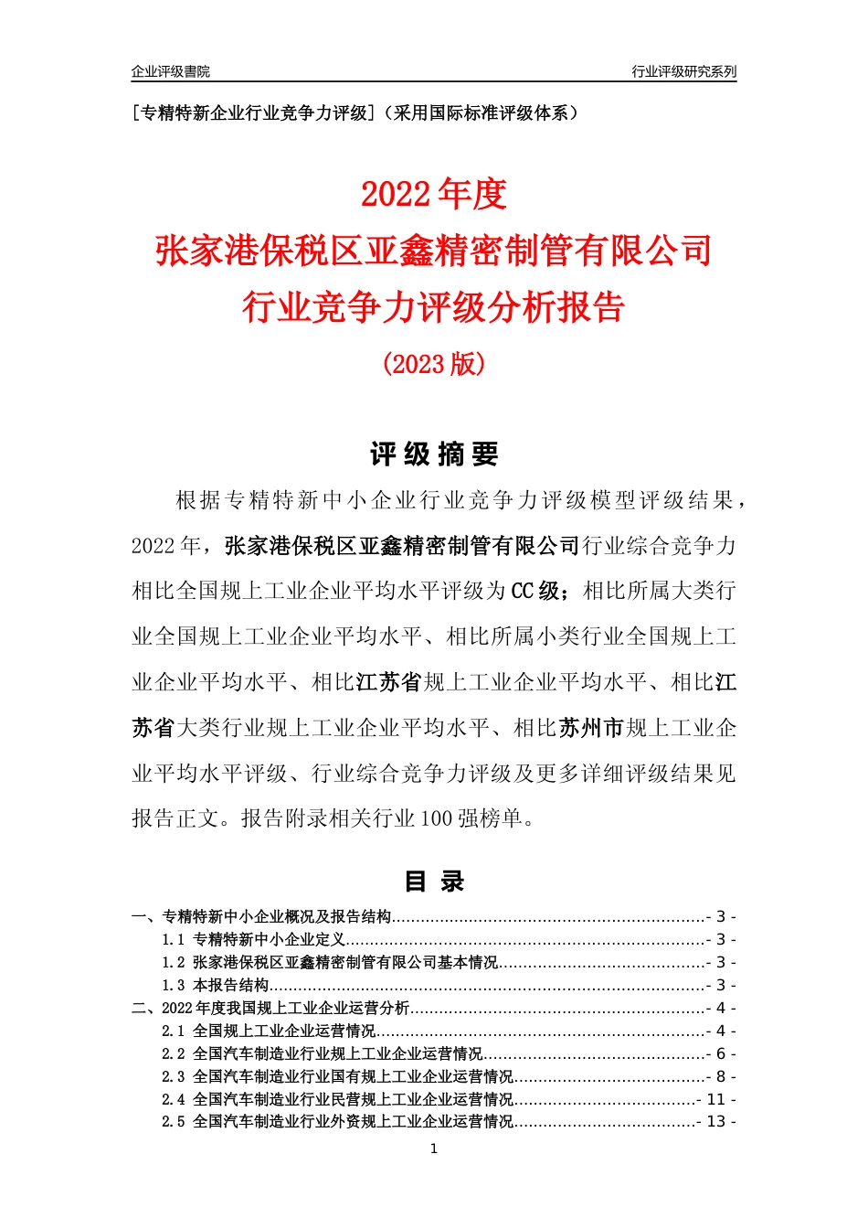 [专精特新]张家港保税区亚鑫精密制管有限公司行业竞争力评级分析报告(2023版)_第1页
