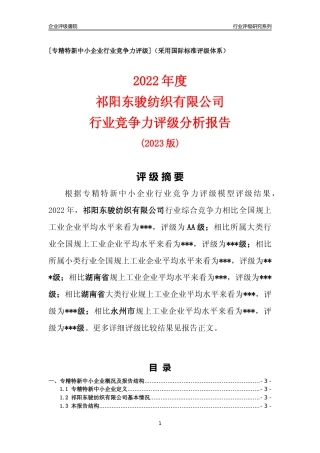 [专精特新]祁阳东骏纺织有限公司行业竞争力评级分析报告(2023版)
