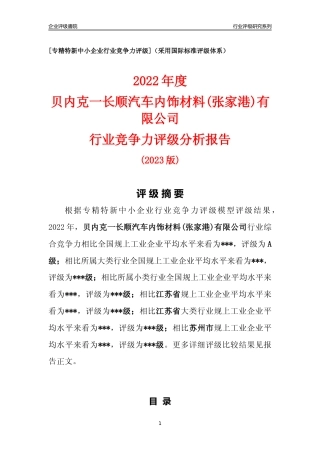 [专精特新]贝内克一长顺汽车内饰材料(张家港)有限公司行业竞争力评级分析报告(2023版)