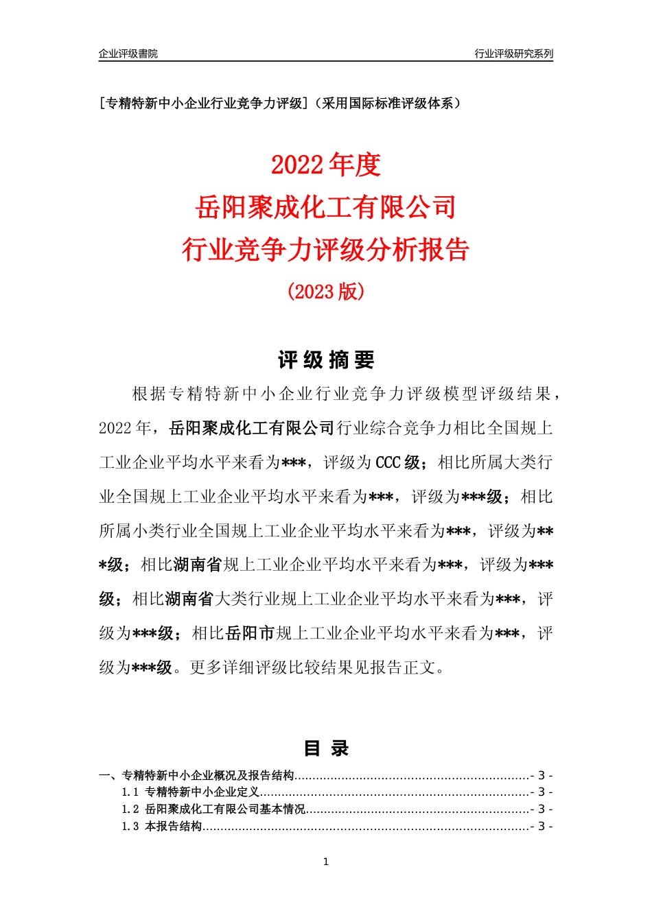 [专精特新]岳阳聚成化工有限公司行业竞争力评级分析报告(2023版)_第1页