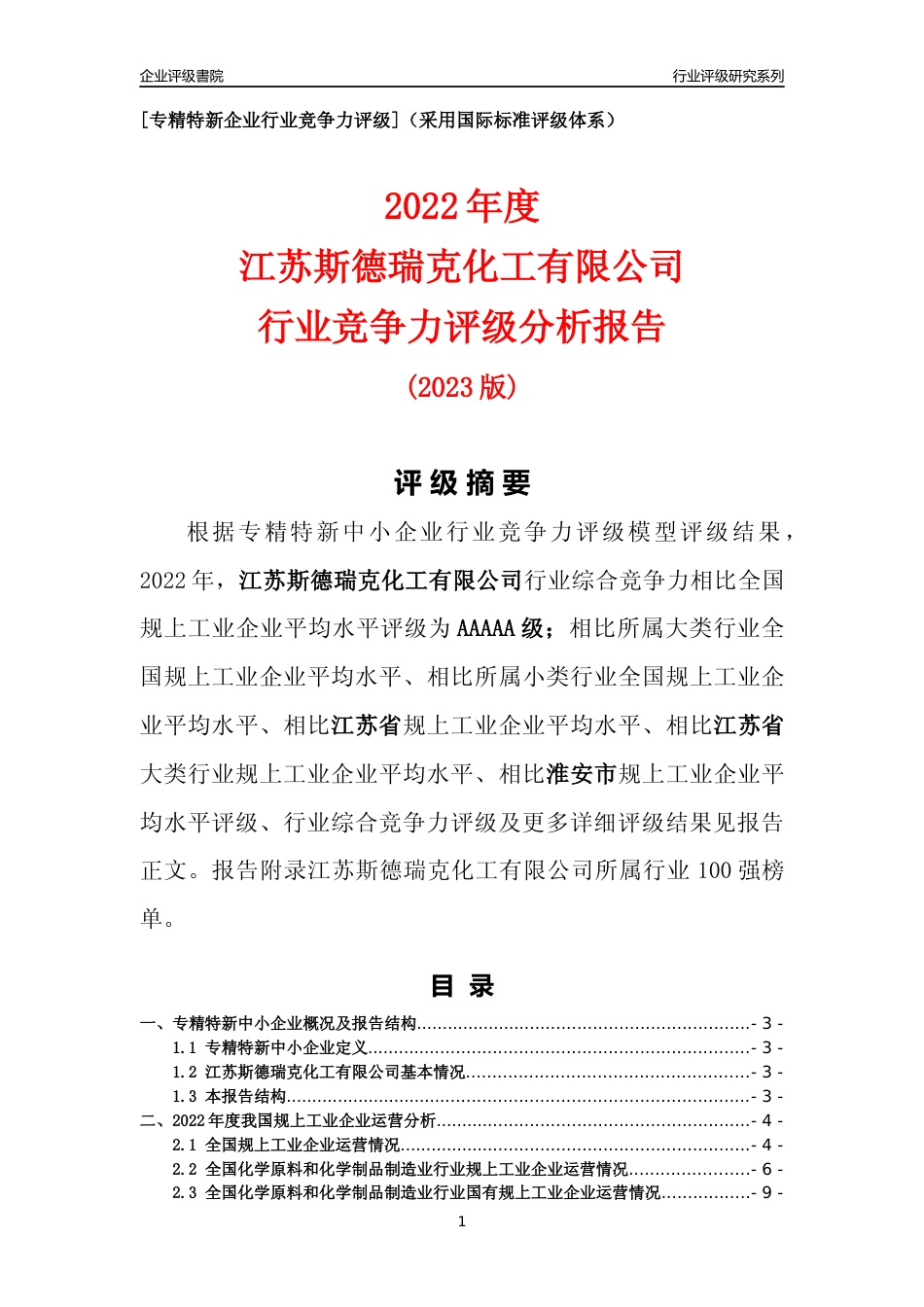 [专精特新]江苏斯德瑞克化工有限公司行业竞争力评级分析报告(2023版)_第1页