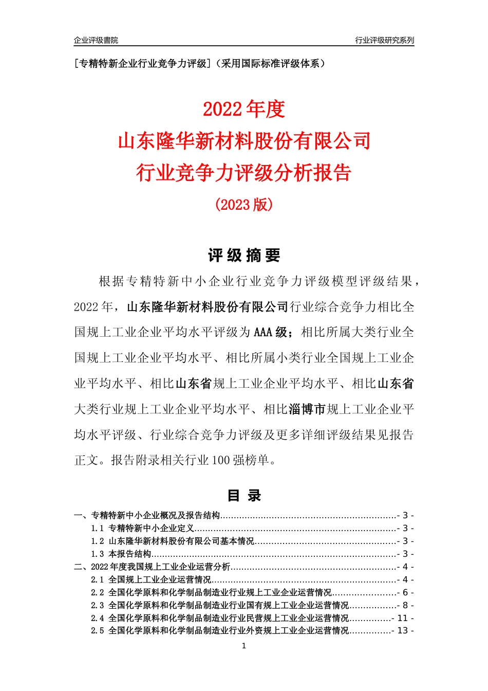 [专精特新]山东隆华新材料股份有限公司行业竞争力评级分析报告(2023版)_第1页