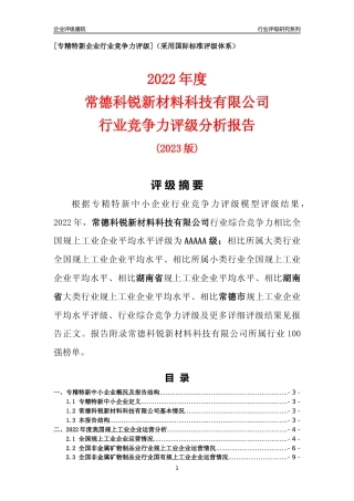 [专精特新]常德科锐新材料科技有限公司行业竞争力评级分析报告(2023版)
