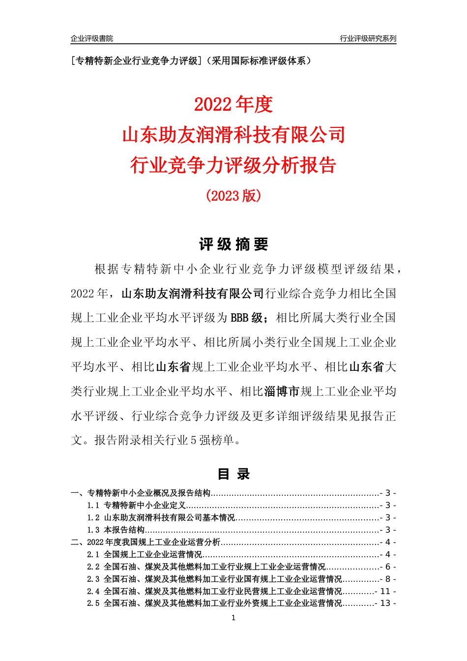 [专精特新]山东助友润滑科技有限公司行业竞争力评级分析报告(2023版)_第1页