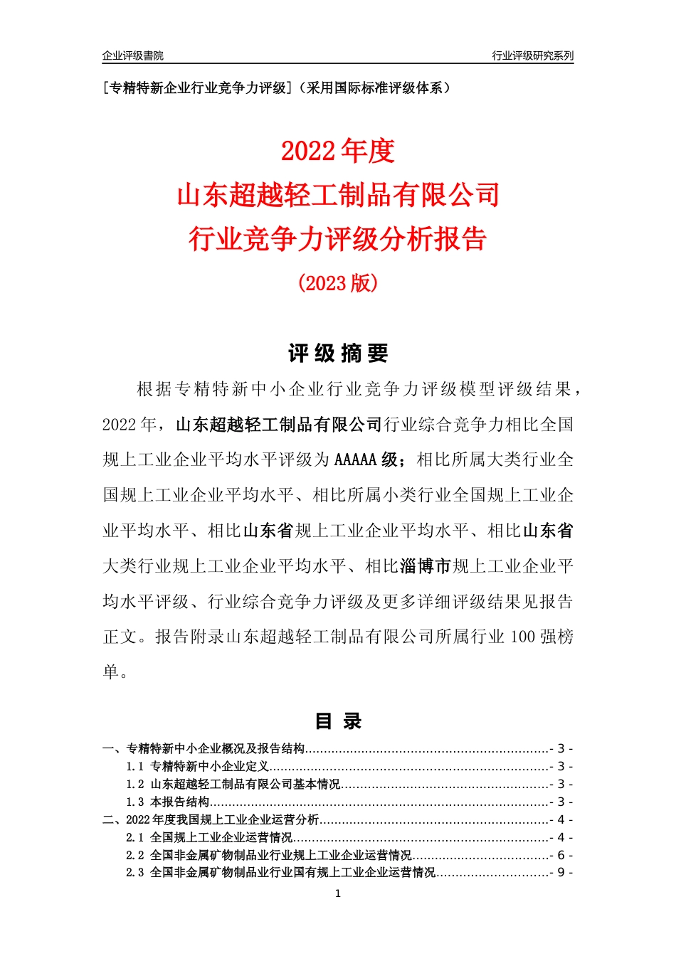 [专精特新]山东超越轻工制品有限公司行业竞争力评级分析报告(2023版)_第1页