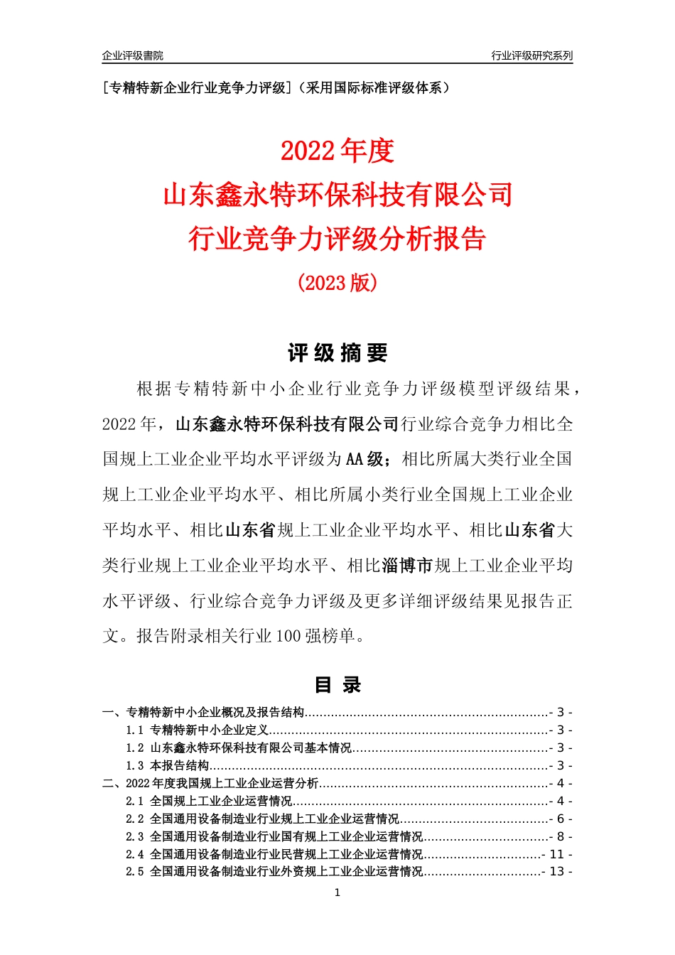 [专精特新]山东鑫永特环保科技有限公司行业竞争力评级分析报告(2023版)_第1页